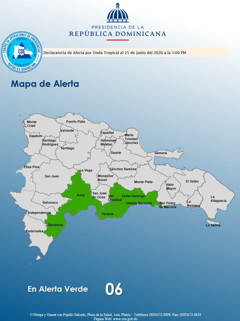 COE emite alerta verde para seis provincias y el Distrito Nacional por incidencia de onda tropical