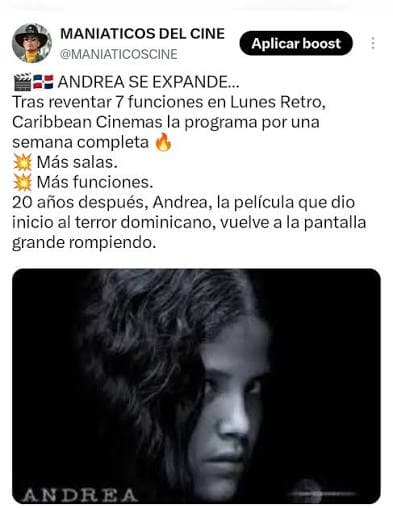 "Andrea" vuelve a los cines dominicanos: Caribbean Cinemas anuncia reestreno especial