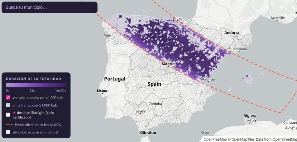 El mapa definitivo del eclipse del 12 de agosto: consulta aquí la duración y la previsión en cada municipio de España
