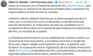 La OEA felicita a Fujimori por su triunfo en las elecciones presidenciales de Perú
