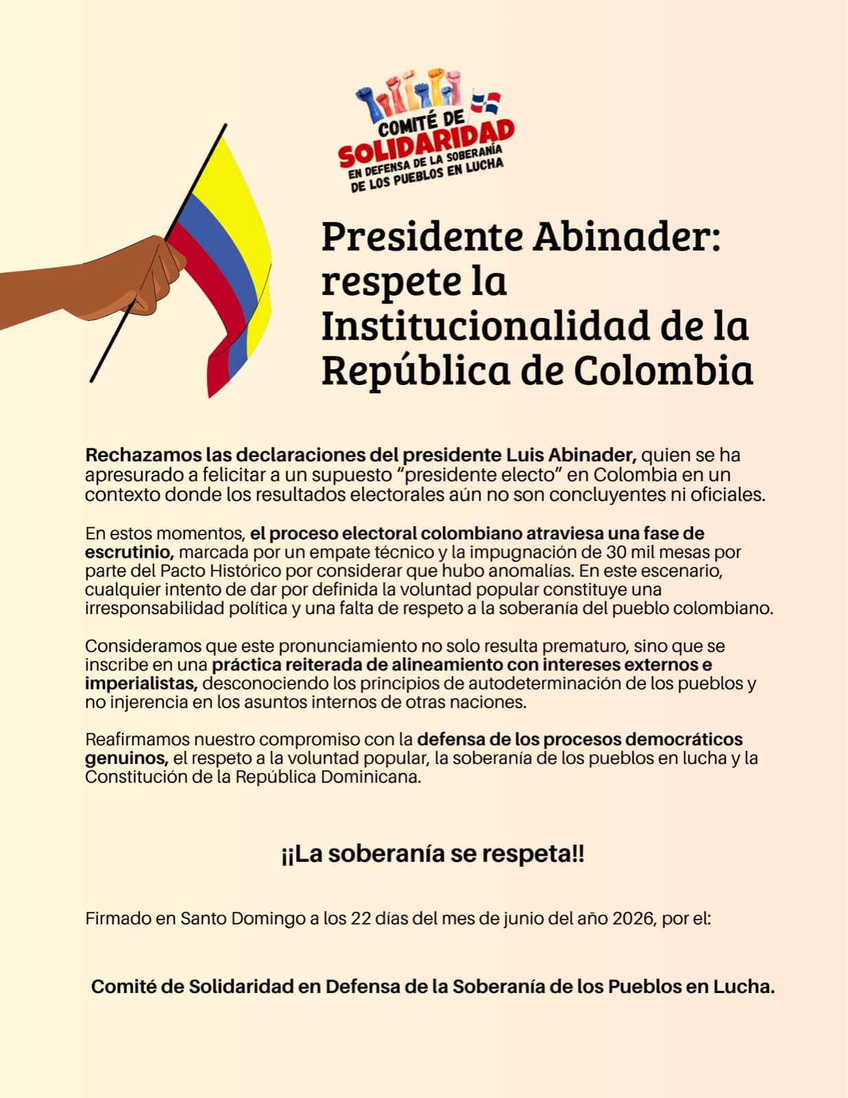 Comité de Solidaridad rechaza que Abinader felicite a "presidente electo" en Colombia antes de resultados oficiales