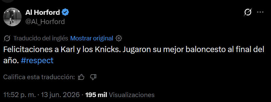Al Horford felicita a Karl-Anthony Towns por conquistar el título de la NBA con los Knicks