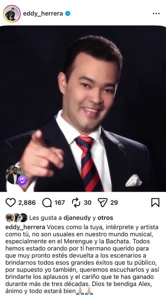 Eddy Herrera se une a las muestras de apoyo a Alex Bueno en medio de su recuperación