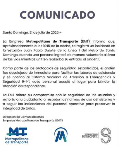 Persona ingresa a las vías del Metro en estación Juan Pablo Duarte; activan protocolo de emergencia