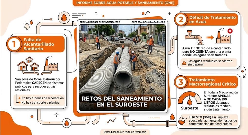 Ocoa, Bahoruco y Pedernales siguen sin alcantarillado; menos del 5 % de las aguas residuales recibe tratamiento