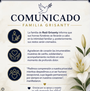 Familia de Raúl Grisanty informa que sus honras fúnebres serán privadas