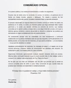 Charlie Zaa asegura no existe una sentencia en su contra; defiende origen lícito de su patrimonio