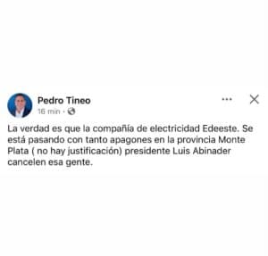 Senador del PRM se queja por tanda de apagones: “Se están pasando”