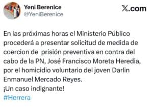 Yeni Berenice califica como homicidio voluntario muerte de joven a manos de cabo policial