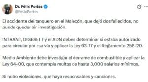 Félix Portes por accidente del tanquero: “Si hubo violaciones, que haya responsables y sanciones”