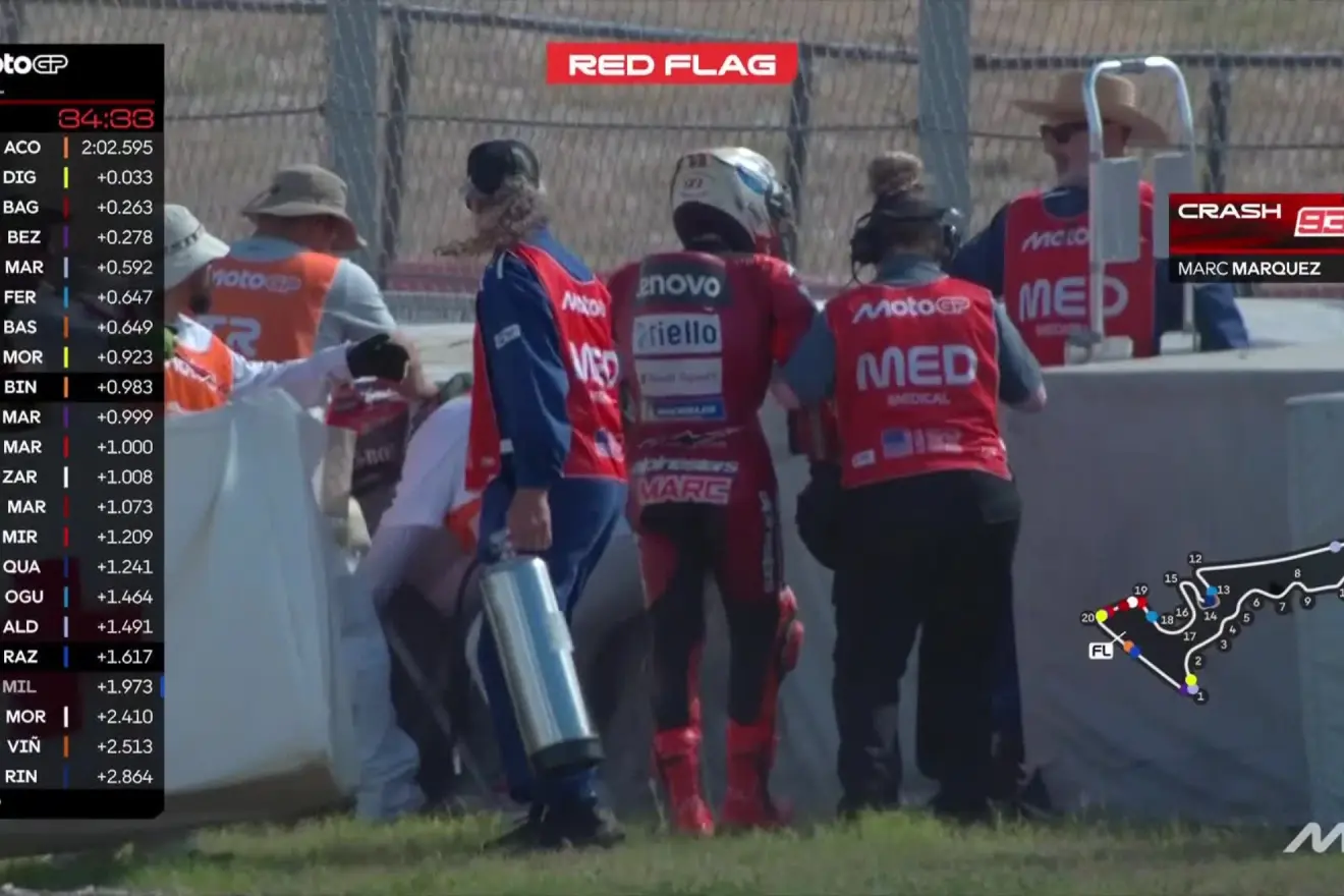 Fuerte caída de Marc Márquez a 190 km/h en el primer libre del GP de EE.UU.