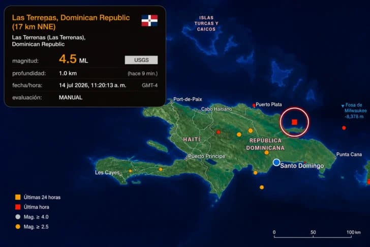 Tiembla la tierra en RD; el epicentro del sismo de 4.5 se ubicó a 17 kilómetros al norte de Las Terrenas, en Samaná