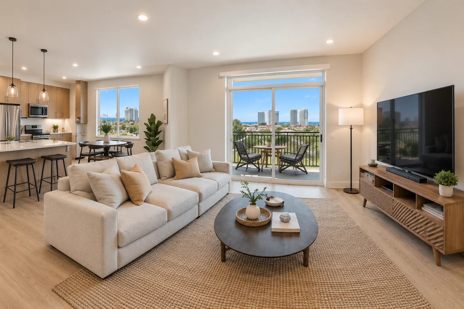 Sala y terraza del apartamento de muestra, imagen generada por IA