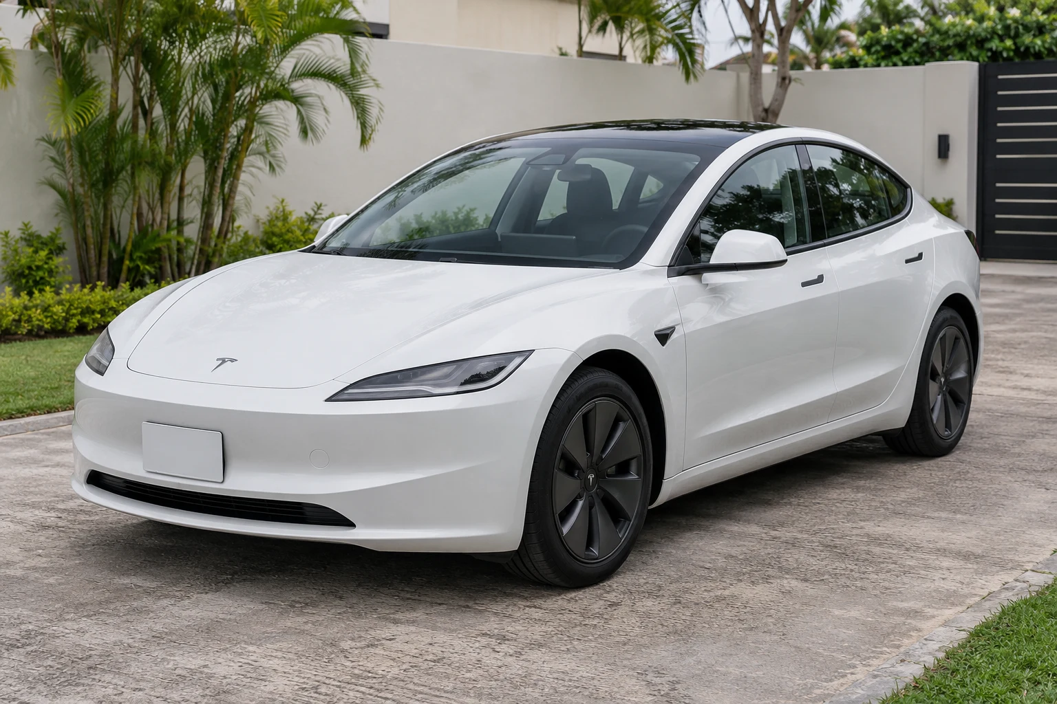 Tesla Model 3 2024 blanco, exterior delantero, imagen generada por IA